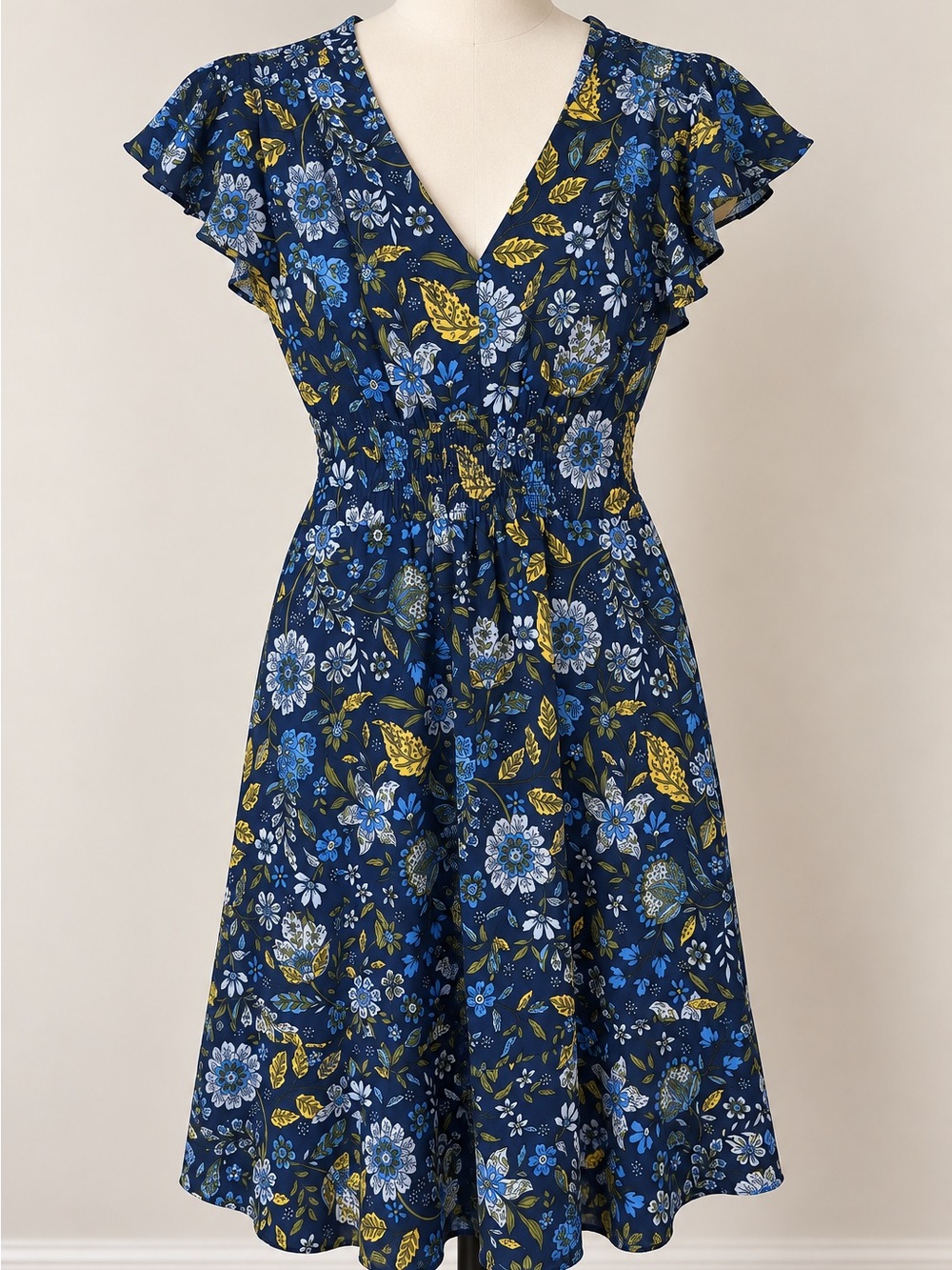 Nordstrom Navy Floral Midi Dress with Yellow and Blue Accents
